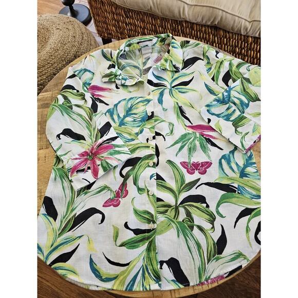 Chicos No-Iron Tropical Linen Button Up Blouse Women's Size 1/US 8 Beach Resort - Picture 2 of 8